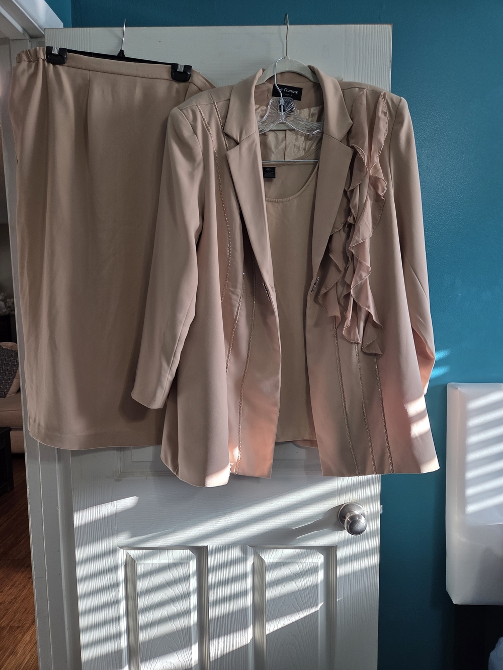 Vintage Le Femme Neutral Tan Three-Piece Skirt Suit Set Elegant Ruffle Detail